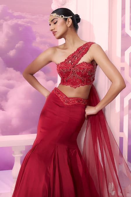 Shop_Label Ankush Jain_Red Silk, Organza, Satin Sequins, Fish-cut Lehenga Set With Ruffle Dupatta For Kids
