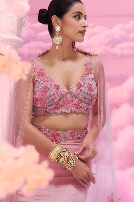 Label Ankush Jain Pastel Pink Embellished Fish-Cut Lehenga Set For Kids