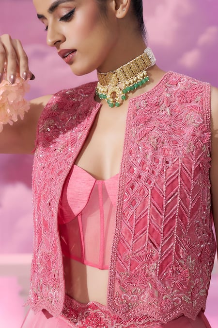 Shop_Label Ankush Jain_Pink Silk, Organza, Net, Satin Sequins, Ombre Gradient Lehenga Set With Jacket For Kids_Online_at_Aza_Fashions