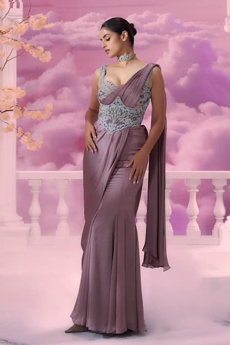 Buy_Label Ankush Jain_Purple Organza, Satin, Silk Sequins, Embellished Mermaid Pre-draped Saree Set For Kids_Online_at_Aza_Fashions