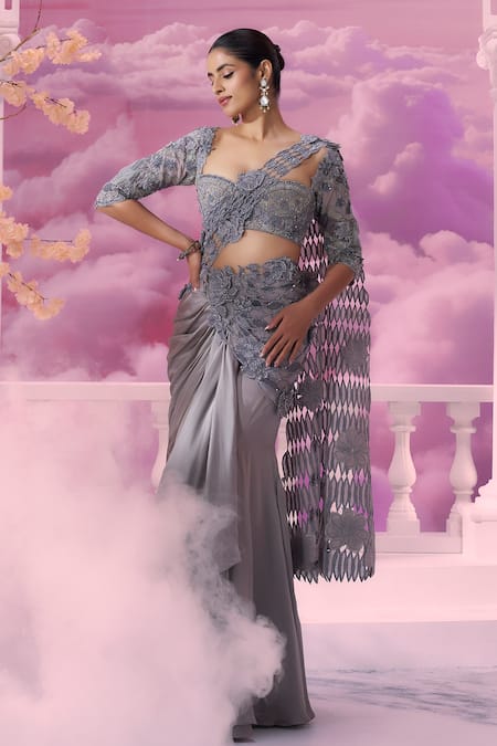 Label Ankush Jain Cutwork Pallu Pre-Draped Mermaid Saree With Blouse 