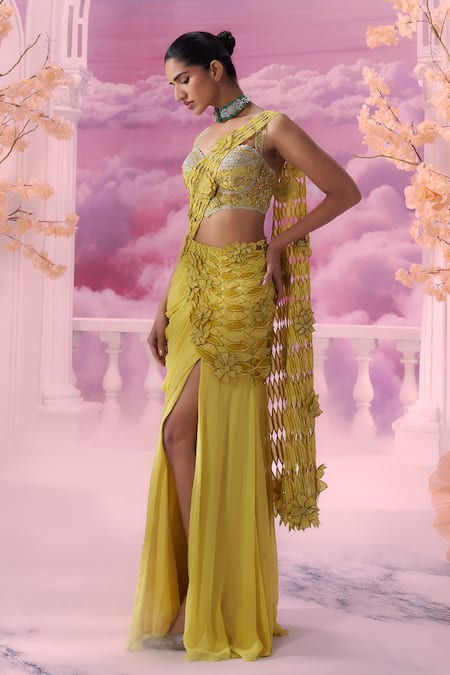 Label Ankush Jain Florence Jaali Cutwork Pre-Draped Saree Set 