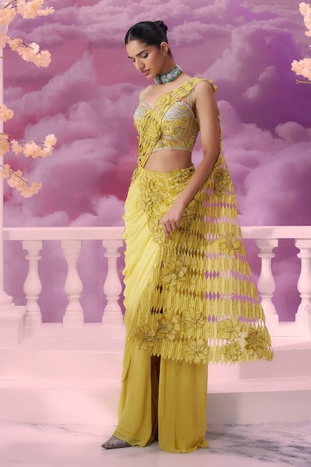 Buy_Label Ankush Jain_Yellow Silk, Georgette, Organza Embroidery Jaali Cutwork Pre-draped Saree For Kids_Online_at_Aza_Fashions