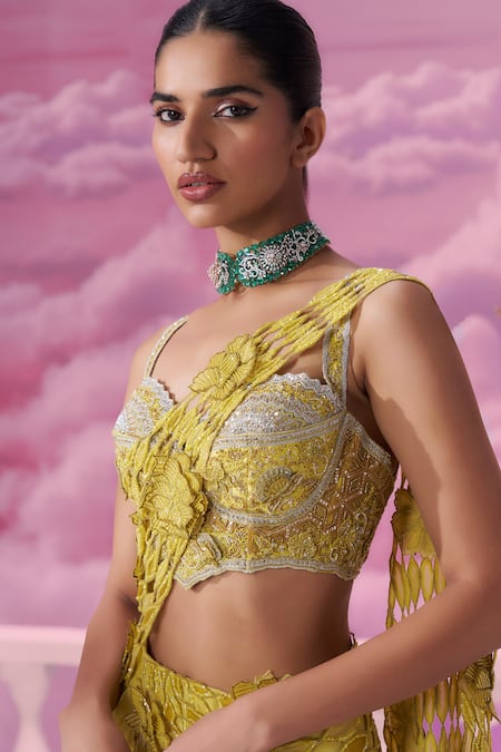 Shop_Label Ankush Jain_Yellow Silk, Georgette, Organza Embroidery Jaali Cutwork Pre-draped Saree For Kids_Online_at_Aza_Fashions