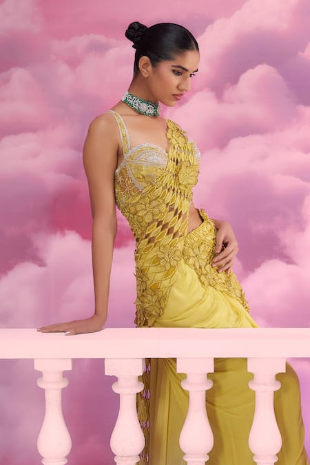 Label Ankush Jain_Yellow Silk, Georgette, Organza Embroidery Jaali Cutwork Pre-draped Saree For Kids_at_Aza_Fashions