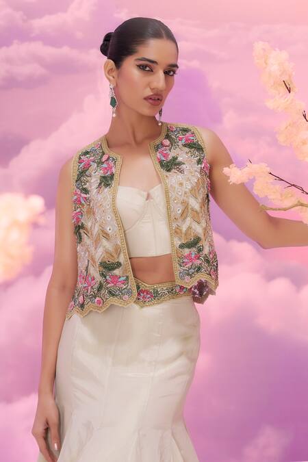 Buy_Label Ankush Jain_Ivory Organza, Silk Diamonds, Sequins Open Dori Embroidered Jacket And Lehenga Set _Online_at_Aza_Fashions