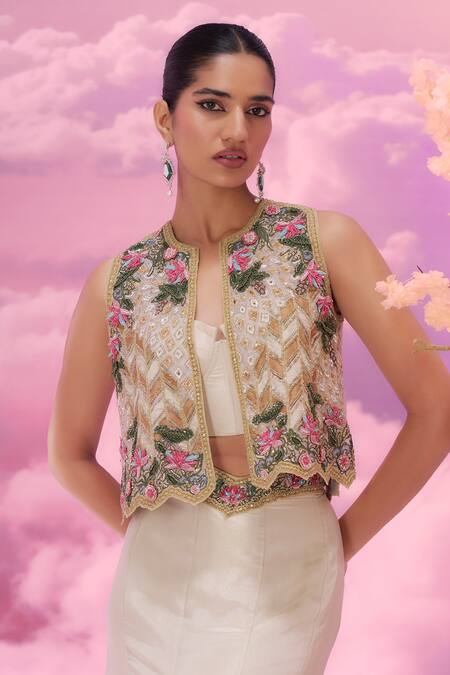 Shop_Label Ankush Jain_Ivory Organza, Silk Diamonds, Sequins Open Dori Embroidered Jacket And Lehenga Set _Online_at_Aza_Fashions