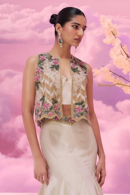 Label Ankush Jain_Ivory Organza, Silk Diamonds, Sequins Open Dori Embroidered Jacket And Lehenga Set _at_Aza_Fashions