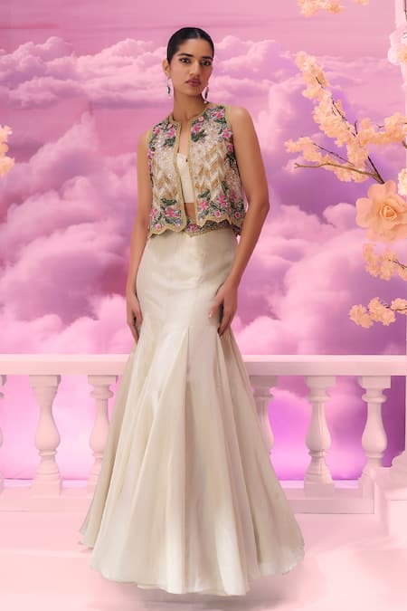 Buy_Label Ankush Jain_Ivory Organza, Silk Diamonds, Sequins Open Dori Embroidered Jacket And Lehenga Set 