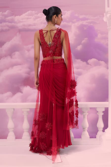 Label Ankush Jain Red Embroidered Corset Blouse & Sharara Pant Set 