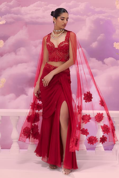Shop_Label Ankush Jain_Red Tulle Sequins, Beads, Applique Embroidered Corset Blouse And Sharara Pant Set _Online_at_Aza_Fashions