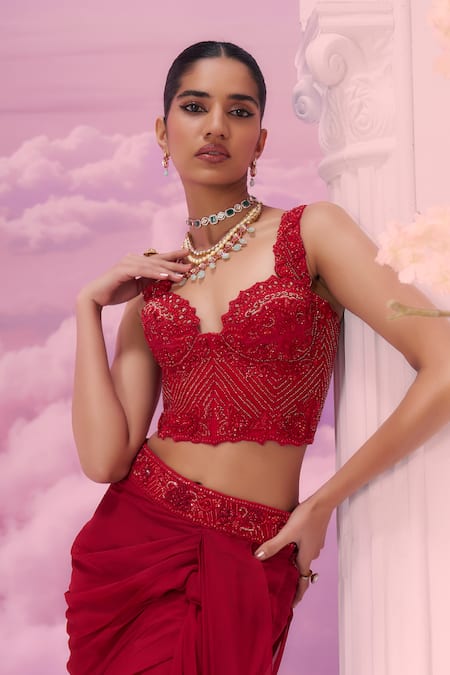 Label Ankush Jain_Red Tulle Sequins, Beads, Applique Embroidered Corset Blouse And Sharara Pant Set _at_Aza_Fashions
