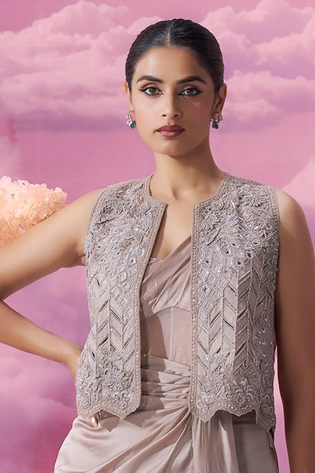 Shop_Label Ankush Jain_Gray Organza Diamonds, Embroidery Open Neck, One Dori Jacket And Draped Gown _Online_at_Aza_Fashions