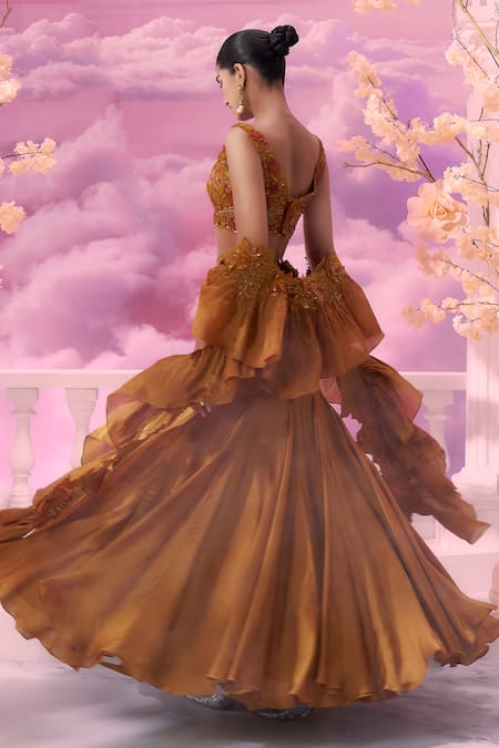 Label Ankush Jain 3D Fleur Embroidered Blouse & Mermaid Lehenga Set For Kids