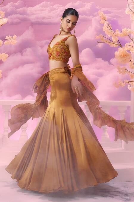 Shop_Label Ankush Jain_Orange Organza, Satin Embroidery 3d Fleur Blouse And Mermaid Lehenga Set For Kids_Online_at_Aza_Fashions