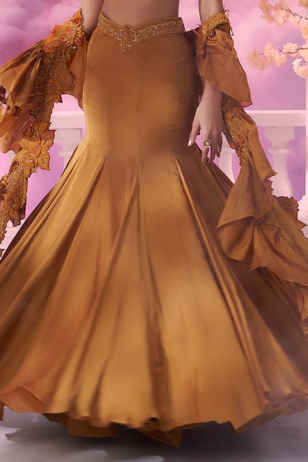 Label Ankush Jain_Orange Organza, Satin Embroidery 3d Fleur Blouse And Mermaid Lehenga Set For Kids_at_Aza_Fashions