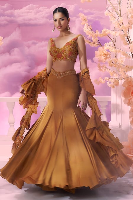Buy_Label Ankush Jain_Orange Organza, Satin Embroidery 3d Fleur Blouse And Mermaid Lehenga Set For Kids