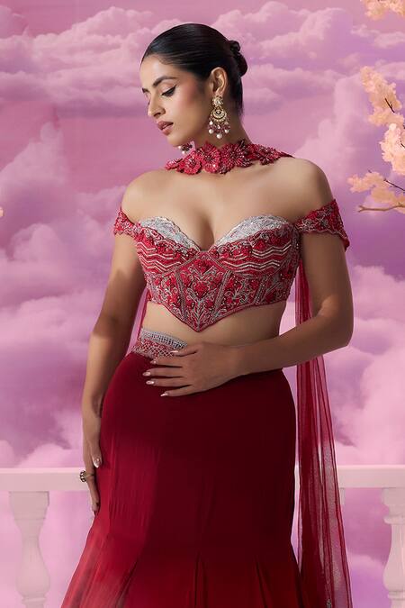 Shop_Label Ankush Jain_Red Satin, Organza Sequins, Embroidery Palace Ombre Lehenga Set For Kids_Online_at_Aza_Fashions