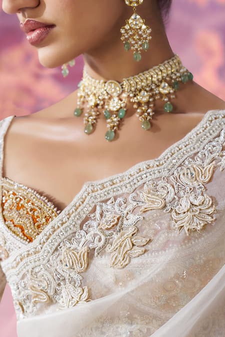 Shop_Label Ankush Jain_Ivory Organza Embroidery, Diamonds Sweetheart Gul Dori Cutwork Border Saree _Online_at_Aza_Fashions