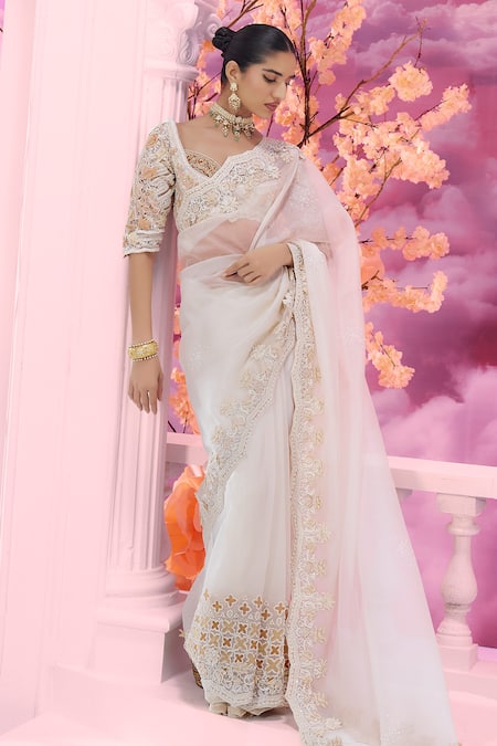 Label Ankush Jain_Ivory Organza Embroidery, Diamonds Sweetheart Gul Dori Cutwork Border Saree _at_Aza_Fashions