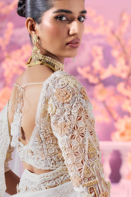 Buy_Label Ankush Jain_Ivory Organza Embroidery, Diamonds Sweetheart Gul Dori Cutwork Border Saree 