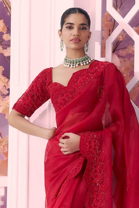 Buy_Label Ankush Jain_Red Organza Sequins, Embroidery, Cut Work Geometric Bloom Dori Saree And Blouse _Online_at_Aza_Fashions