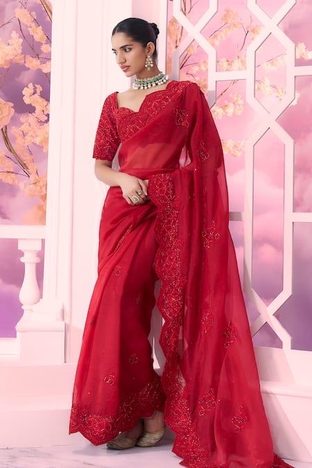 Shop_Label Ankush Jain_Red Organza Sequins, Embroidery, Cut Work Geometric Bloom Dori Saree And Blouse _Online_at_Aza_Fashions