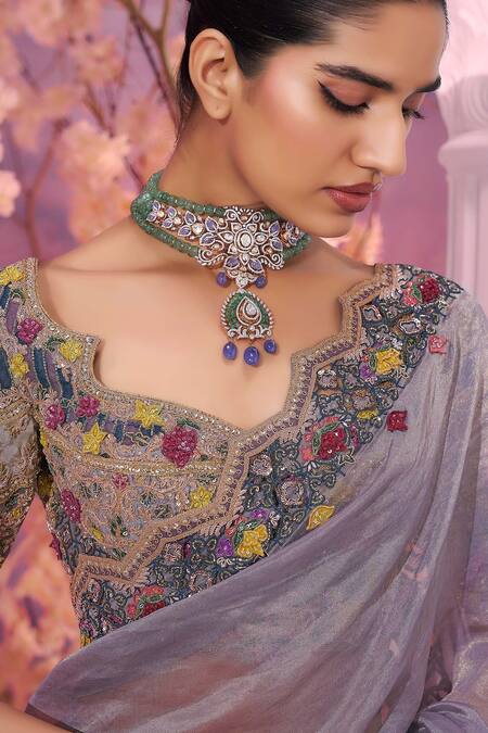Buy_Label Ankush Jain_Gray Silk, Organza Cut Work, Sequins, 3d Mahal Dori Embroidered Saree And Blouse _Online_at_Aza_Fashions