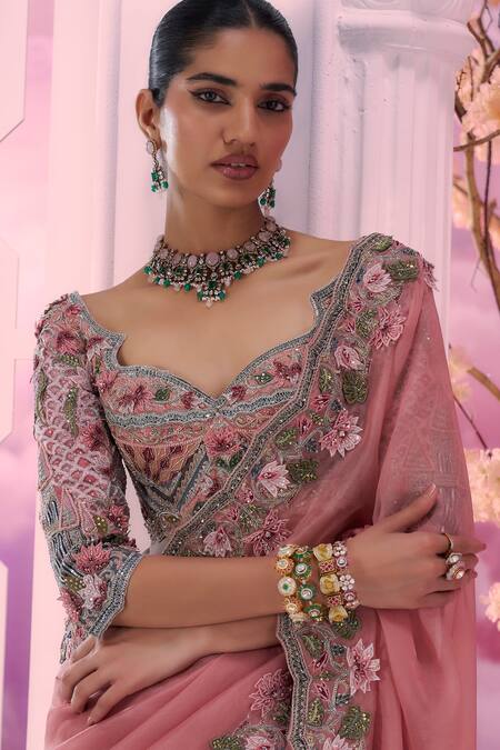Buy_Label Ankush Jain_Pink Organza Sequins, Beads, Cut 3d Mughal Mahal Dori Embroidered Saree Set _Online_at_Aza_Fashions