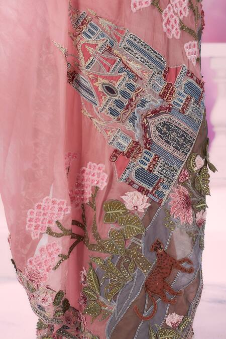 Label Ankush Jain_Pink Organza Sequins, Beads, Cut 3d Mughal Mahal Dori Embroidered Saree Set _at_Aza_Fashions