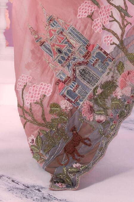 Buy_Label Ankush Jain_Pink Organza Sequins, Beads, Cut 3d Mughal Mahal Dori Embroidered Saree Set 