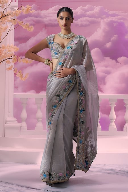 Label Ankush Jain Lotus Bahar Dori Embroidered Cutwork Border Saree With Blouse 