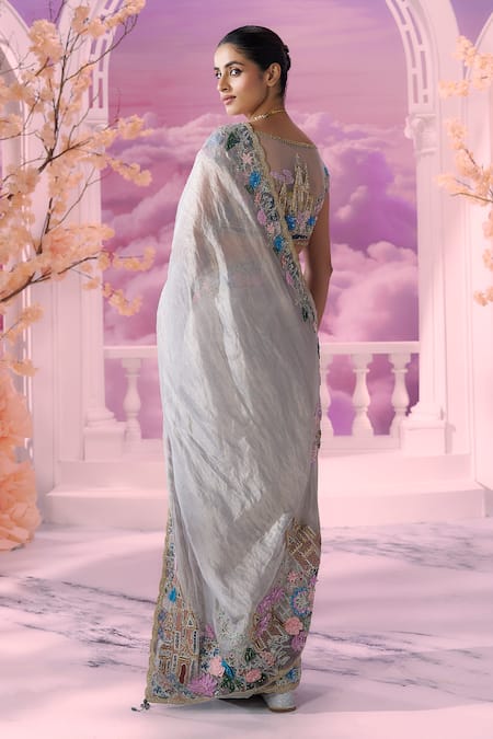 Label Ankush Jain Lotus Dori Embroidered Organza Saree Set 