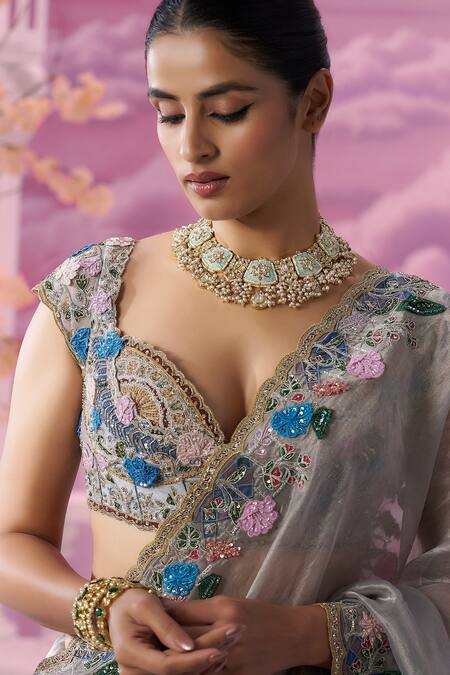 Shop_Label Ankush Jain_Gray Silk, Organza Sequins, Cut Work, Beads Lotus Dori Embroidered Saree Set _Online_at_Aza_Fashions
