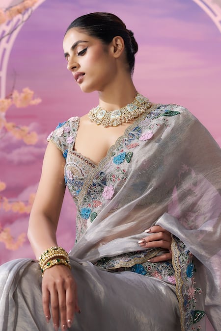 Label Ankush Jain_Gray Silk, Organza Sequins, Cut Work, Beads Lotus Dori Embroidered Saree Set _at_Aza_Fashions