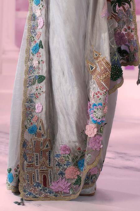 Buy_Label Ankush Jain_Gray Silk, Organza Sequins, Cut Work, Beads Lotus Dori Embroidered Saree Set 