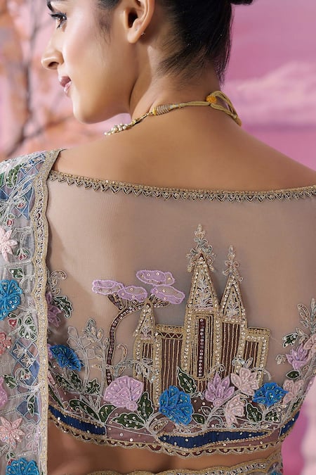 Shop_Label Ankush Jain_Gray Silk, Organza Sequins, Cut Work, Beads Lotus Dori Embroidered Saree Set 