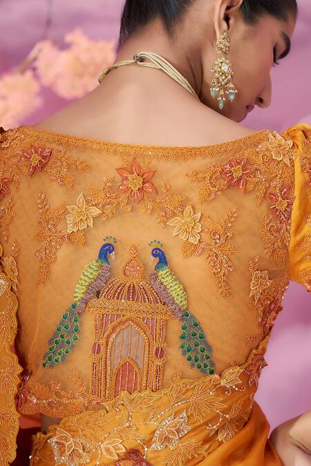 Buy_Label Ankush Jain_Orange Satin, Organza Cut Work, Embroidery, Gulshan Dori Cutwork Border Saree _Online_at_Aza_Fashions