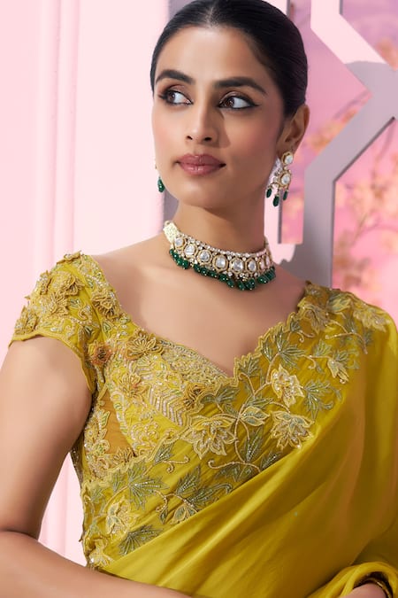 Shop_Label Ankush Jain_Yellow Satin, Organza Cut Work, Flora Dori Embroidered Cutwork Saree And Blouse _Online_at_Aza_Fashions