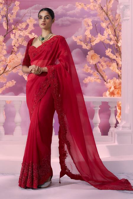 Buy_Label Ankush Jain_Red Organza Beads, Sequins, Cut Work 3d Gulbahar Embroidered Saree Set _Online_at_Aza_Fashions