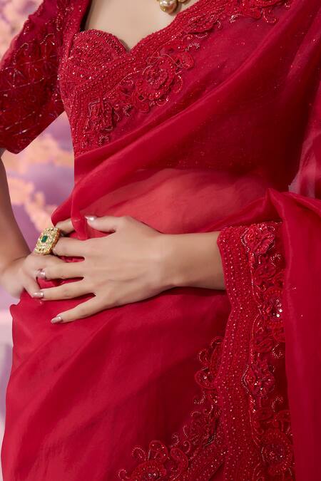 Shop_Label Ankush Jain_Red Organza Beads, Sequins, Cut Work 3d Gulbahar Embroidered Saree Set _Online_at_Aza_Fashions