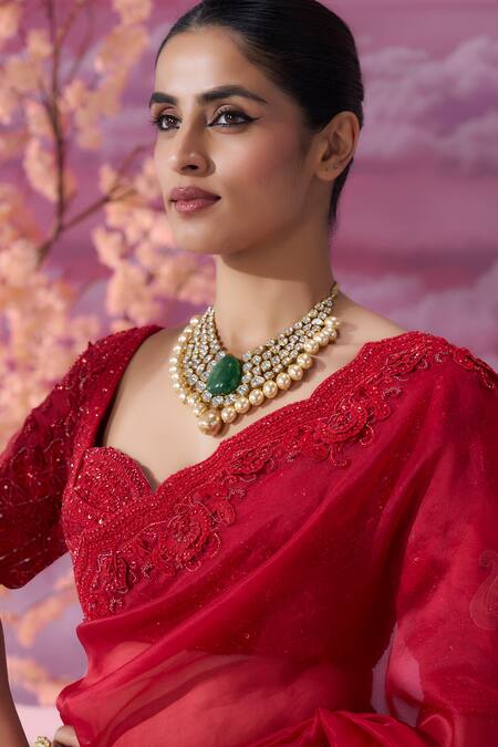 Label Ankush Jain_Red Organza Beads, Sequins, Cut Work 3d Gulbahar Embroidered Saree Set _at_Aza_Fashions