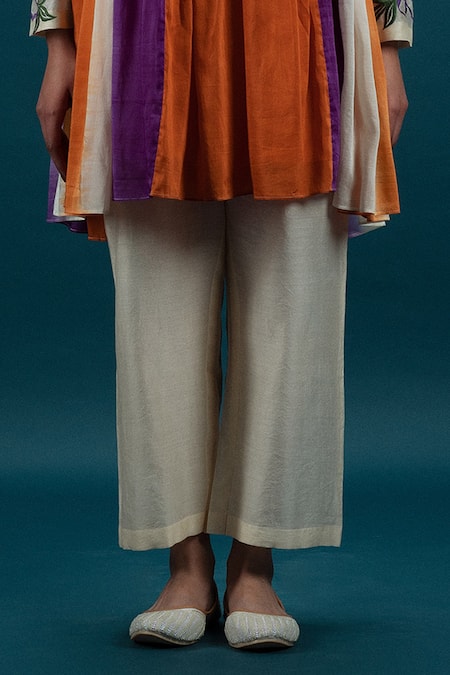 Svastih_Orange Cotton, Silk Embroidery, Applique V-neck Saffron Floral Tunic And Pant Set _Online_at_Aza_Fashions