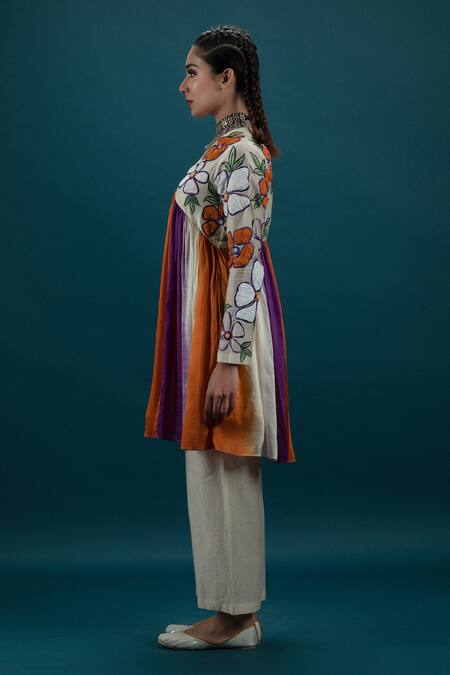 Shop_Svastih_Orange Cotton, Silk Embroidery, Applique V-neck Saffron Floral Tunic And Pant Set _Online_at_Aza_Fashions