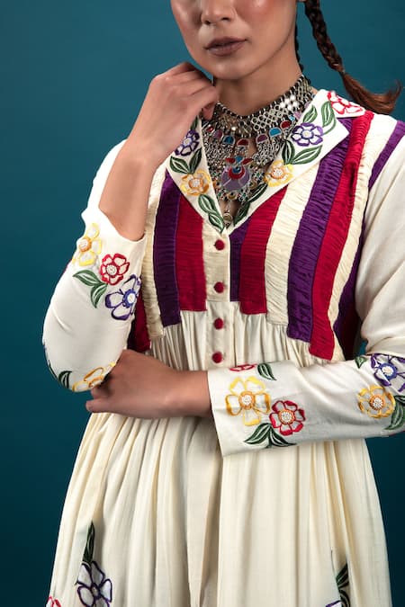 Shop_Svastih_Off White Cotton, Silk Embroidery, Beads Floral Applique Tunic And Pant Set _Online_at_Aza_Fashions