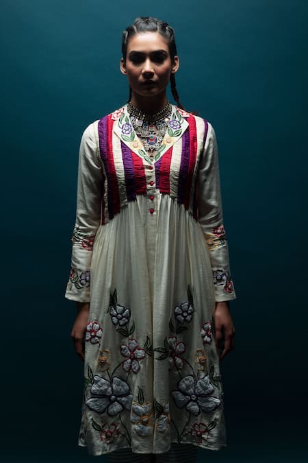 Svastih_Off White Cotton, Silk Embroidery, Beads Floral Applique Tunic And Pant Set _at_Aza_Fashions