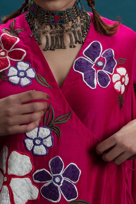 Buy_Svastih_Magenta Cotton, Silk, Chanderi Embroidery V-neck Ombre Floral Tunic And Pant Set _Online_at_Aza_Fashions