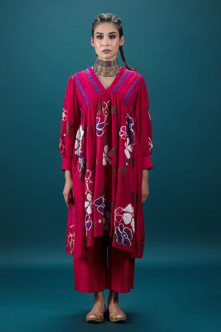 Svastih_Red Cotton, Silk, Chanderi Embroidery, Beads Floral Applique Tunic And Pant Set _Online_at_Aza_Fashions