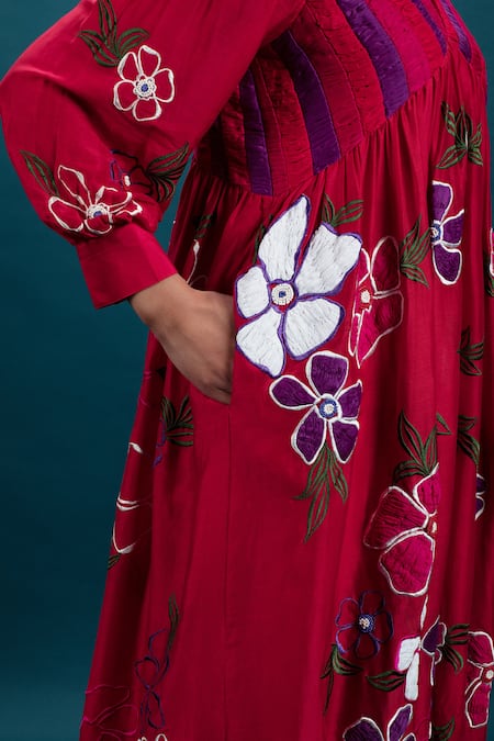 Svastih_Red Cotton, Silk, Chanderi Embroidery, Beads Floral Applique Tunic And Pant Set _at_Aza_Fashions