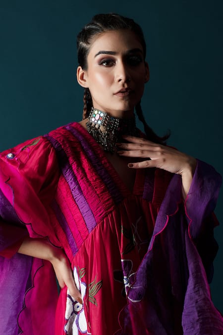 Buy_Svastih_Red Cotton, Silk, Chanderi Embroidery, Beads Floral Applique Tunic And Pant Set 